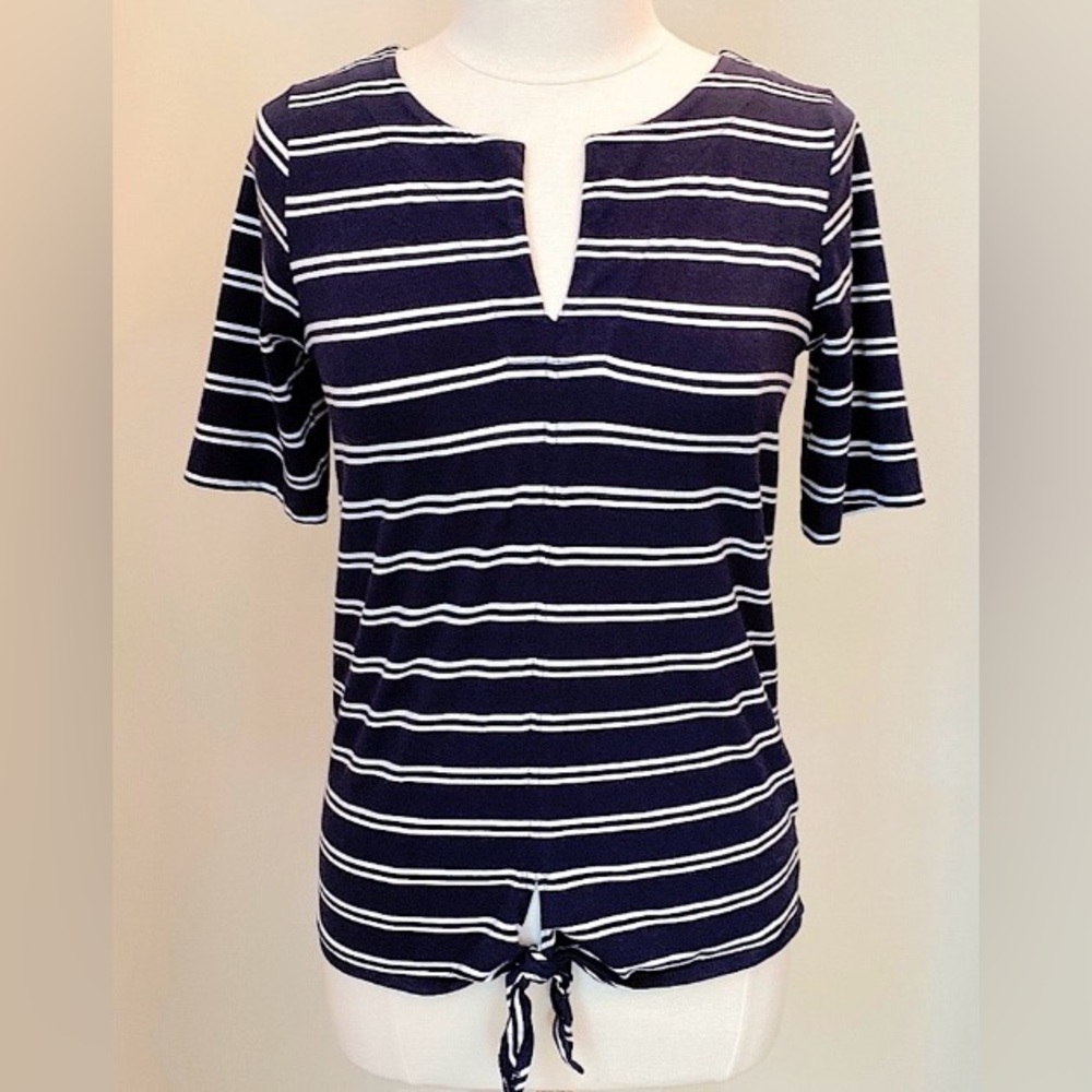 Jones of New York Signature Blue White Striped 8 Coastal Sailor Chic Preppy Top